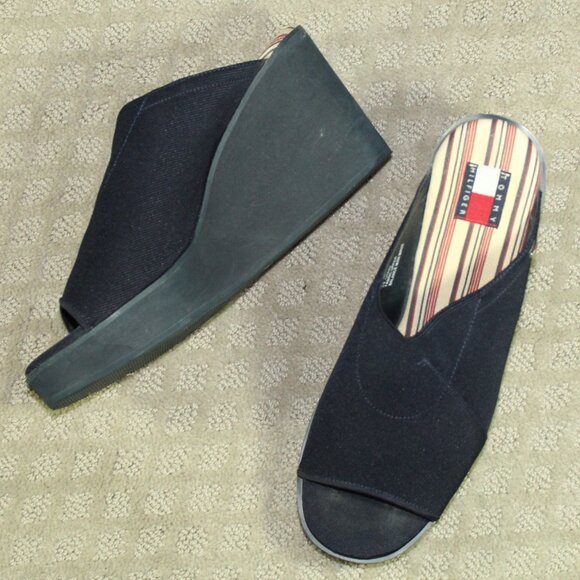 Vtg Tommy Hilfiger Navy Blue Women's Size 8.5M Peep Toe Foam Wedge Slip On Shoe - Picture 1 of 6
